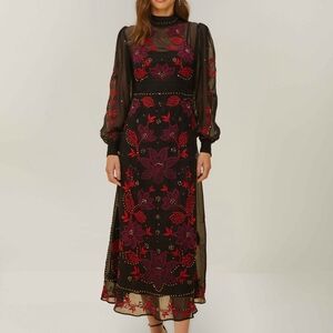 FARM Rio Red and Black Mock Neck Gown with Bishop Sleeves